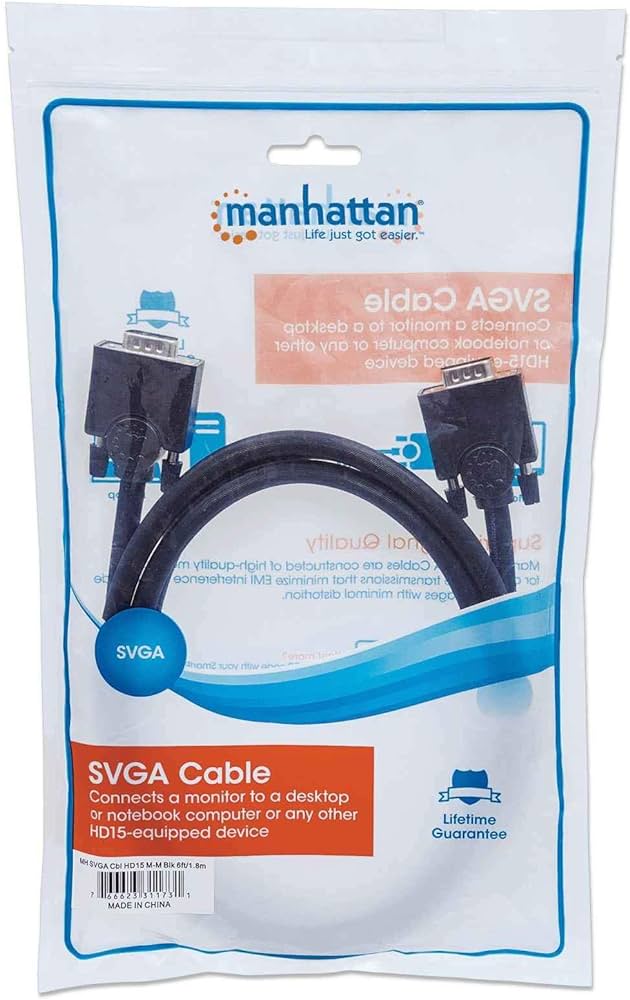 Cable VGA - HD15 MANHATTAN, 1,8 m, VGA (D-Sub), VGA (D-Sub), Macho/Macho, Negro
